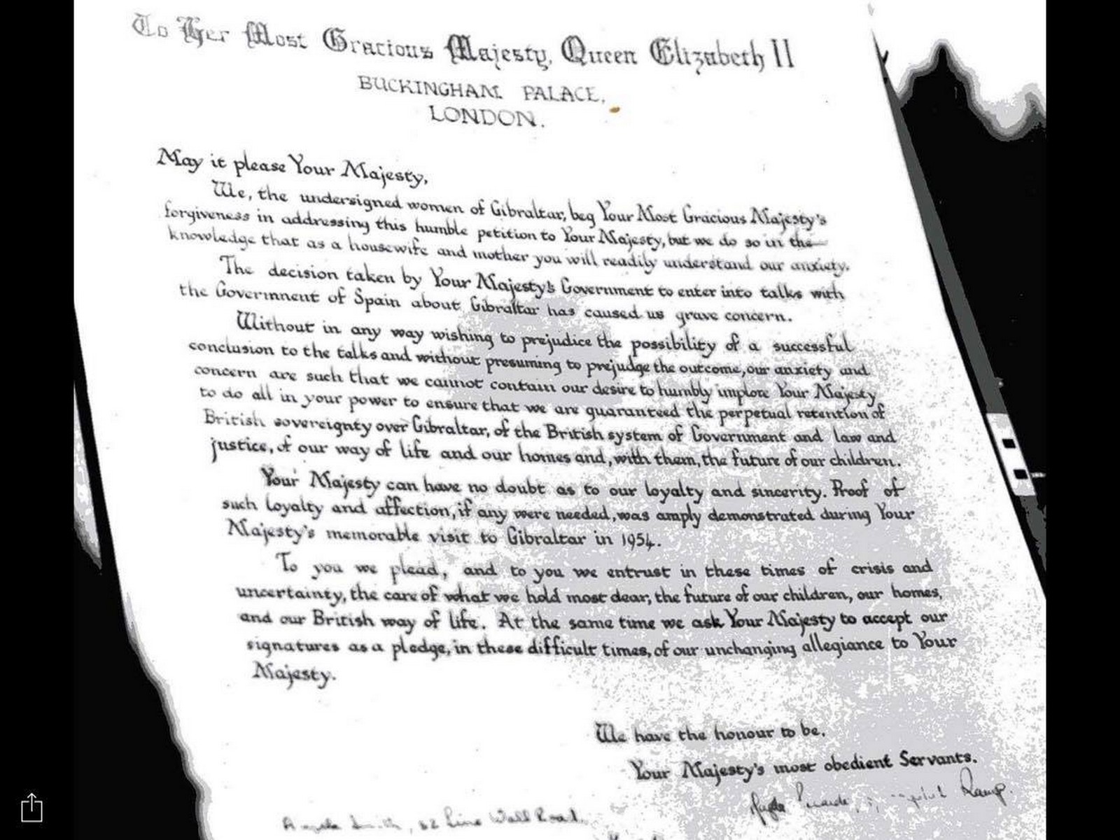 Carta enviada en 1966 a Isabel II para rechazar cualquier negociación sobre Gibraltar.jpg